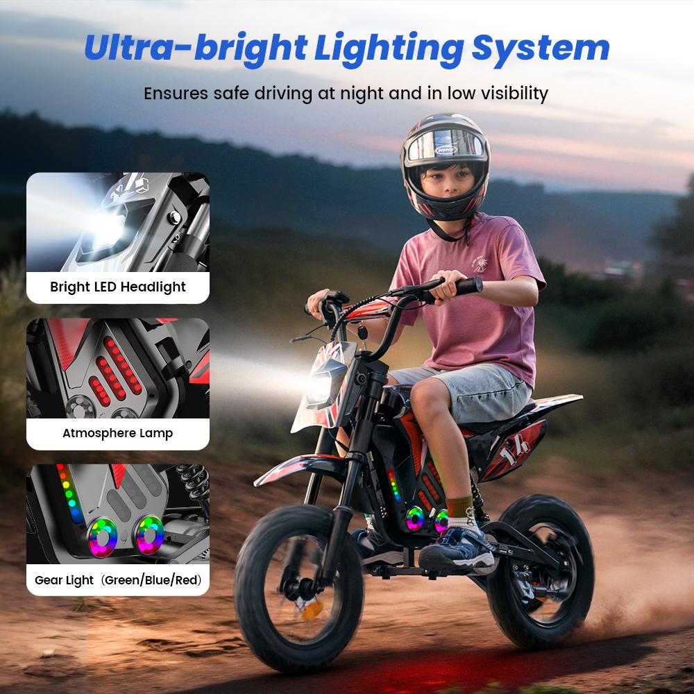 A14 Kids ELECTRIC DIRT BIKE 14 Inch 500W Motor 36V5.2Ah Battery 20-22km Range Shock Absorption, Bluetooth LED Lights