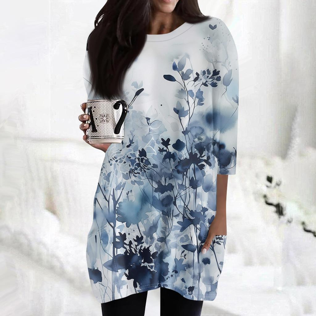 Женская модная повседневная футболка с круглым вырезом и принтом, рукавом 3/4, двойным карманом