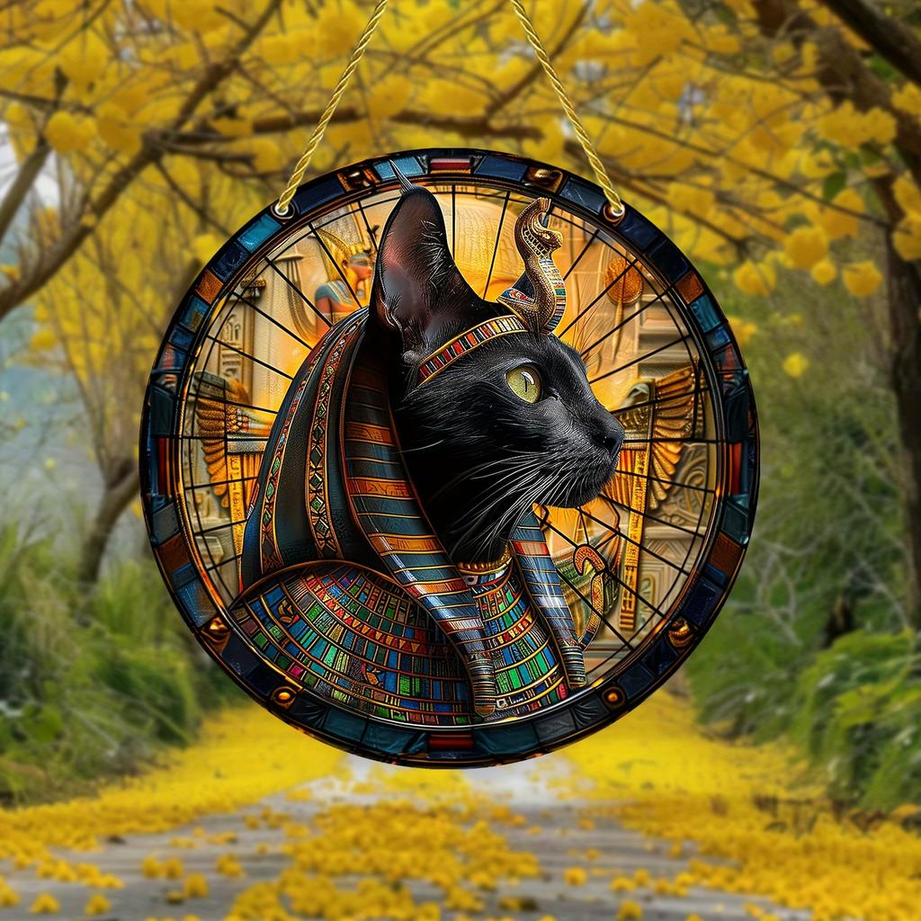 Wood Egyptian Black Cat Sun Catcher, Round Wooden Decorative Sign, Room, Home Decor, Animal Theme Multipurpose Plaque for Door, Wall, Home, Room