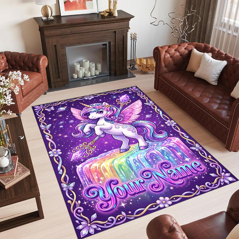 Unicorn Theme Crystal Velvet Floor Rug Personalized Custom Name Text Warm Carpet Home Decoration