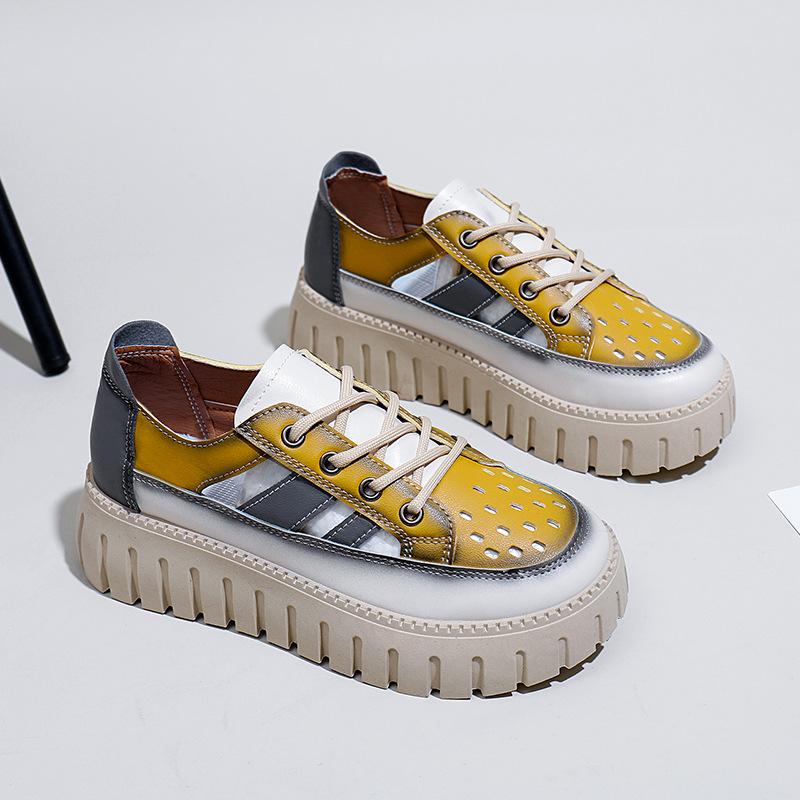 Дышащие белые туфли с низким берцем для женщин, новые летние туфли с большой головкой, повседневные кроссовки на толстой подошве