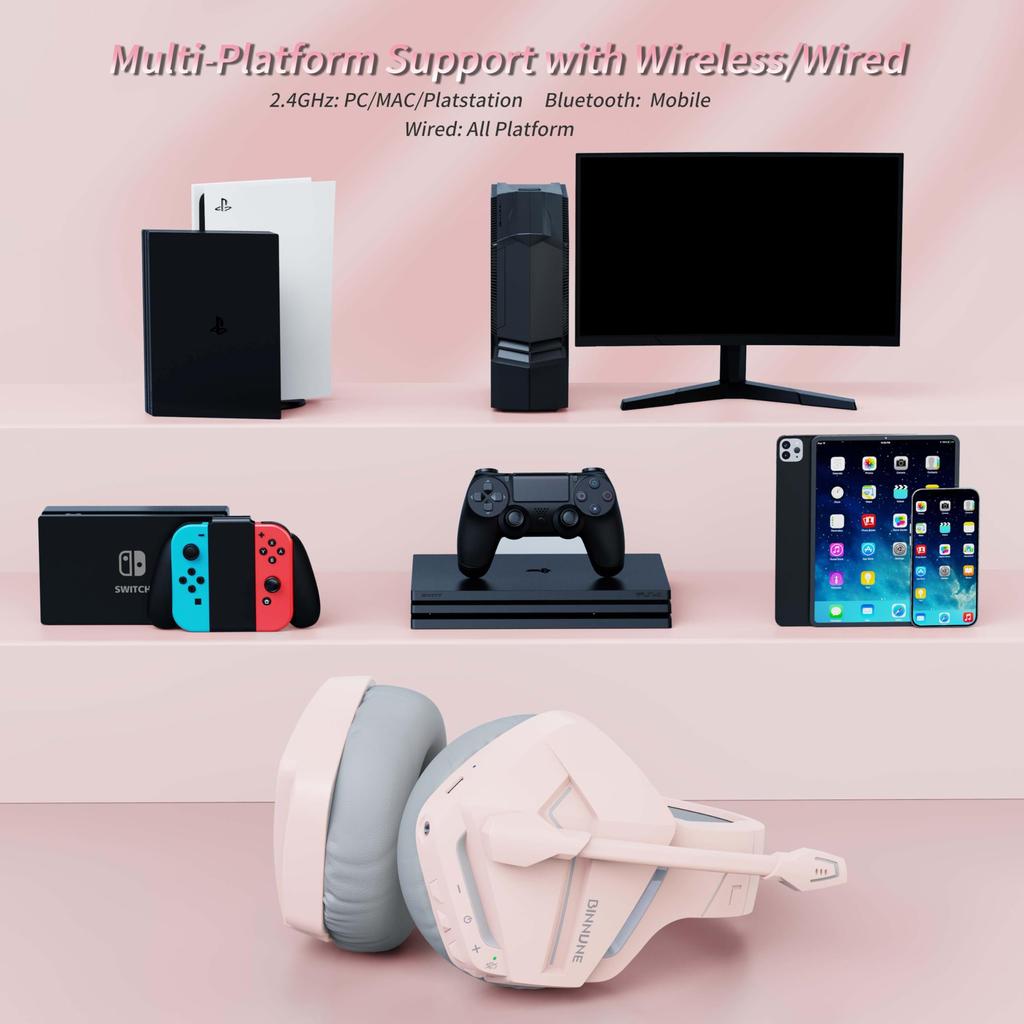 BINNUNE Wireless Gaming Headset with Can Be Used Continuously for 120 Hours 3WAY Low Latency Wireless Headset with Noise Canceling Compatible with FPS