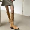 Обувь Острый носок Зимние сапоги до колена Женские сапоги Байкерские длинные туфли для женщин Средний каблук Новинка в демисезонном тренде 2024 года