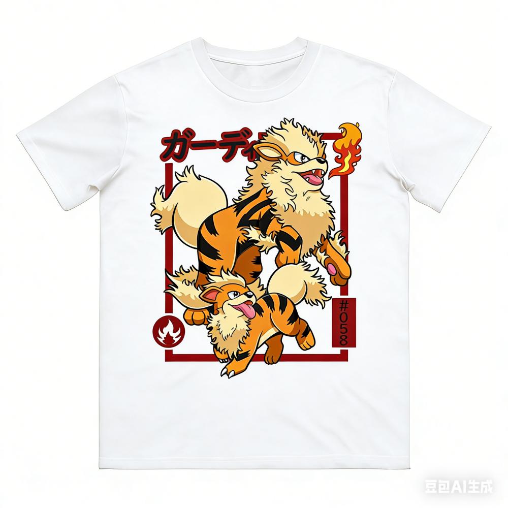 Pokémon Growlithe Evolution Printed Pure Cotton T-shirt Men and Women Spring_Summer New Collection Fashion Short Sleeved Shirt