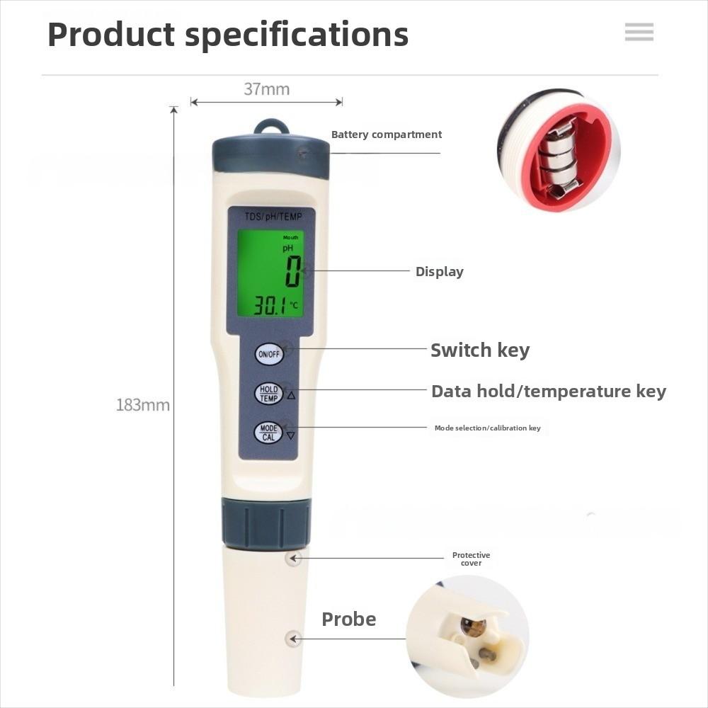Backlit Display Water Quality Test Pen Multi-Parameter PH Meter Water Testing