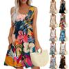 Women's Casual Retro Illustration Flower Print U-Neck Vest Dress With Side Pockets