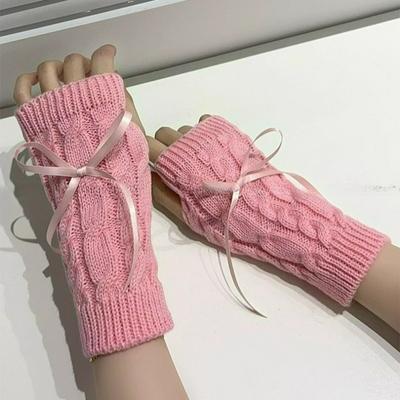 Корейские вязаные перчатки женские с бантом, грелки для рук, зимние перчатки, модные черные розовые вязаные утепленные варежки, митенки без пальцев
