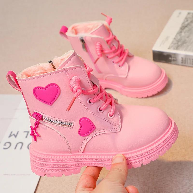 Pink/black Girls Leather Boots with Low Cut Anti Slip Side Zipper Winter Outdoor Girls Fashion Cotton BootsBotas Zapatos De Niña