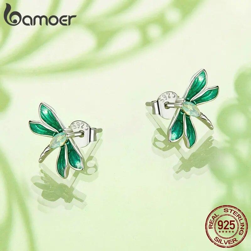 Bamoer, серьги-гвоздики из стерлингового серебра 925 пробы, зеленые стрекозы, серьги-гвоздики из белого золота, серьги с насекомыми для женщин, вечерние ювелирные изделия, подарок