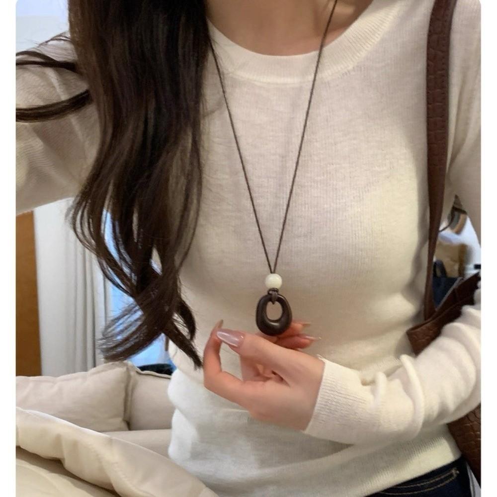 Leather Rope Geometric Pendant Necklace Adjustable Length Sweater Chain Women