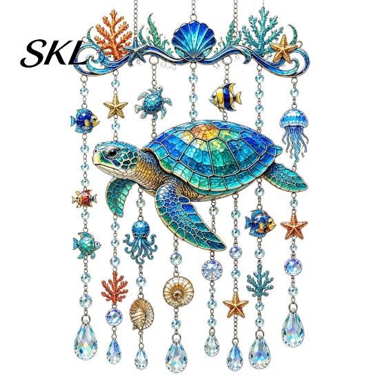 Crystal Bead Hanging Ornament Ocean Animal Acrylic Window Hanging, Stained Glass Style Sea Turtle Whale Dolphin Suncatcher Waterproof Wind Chime with