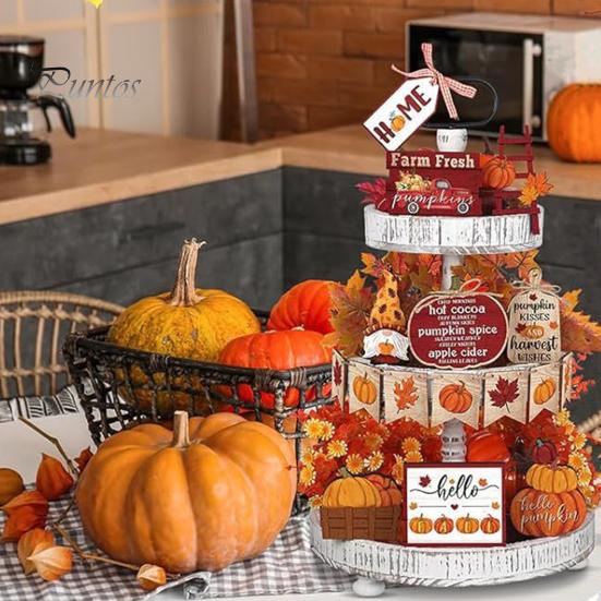 Осенний многоярусный декоративный набор для подносов, деревянная фигурка гнома в виде тыквы на День благодарения, кленовый лист, фермерский дом, осенний урожай, табличка на стол для осенних вечеринок, домашний декор