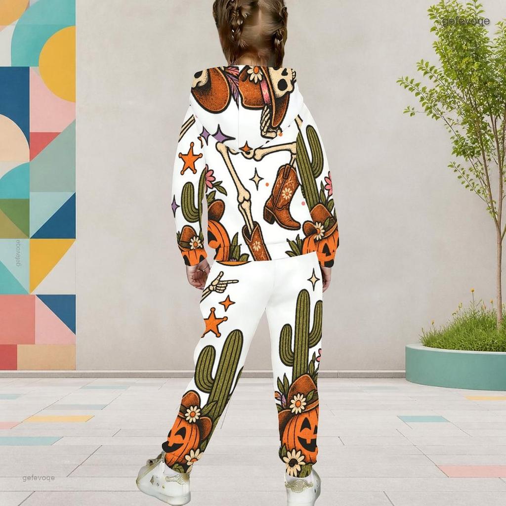 Girls Halloween Printed Hooded Long Sleeve Kangaroo Pocket Top Cuffed Pants Two Piece Set