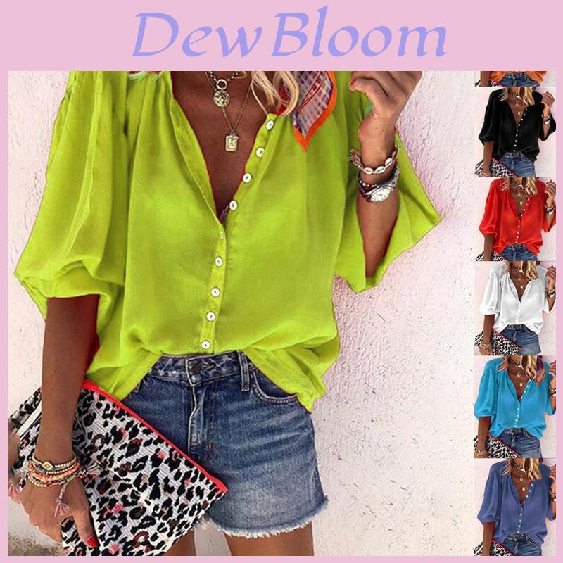 Stylish Women's 3/4 Sleeve Shirt Top Comfortable Loose Fit Button Down Blouse T-shirt