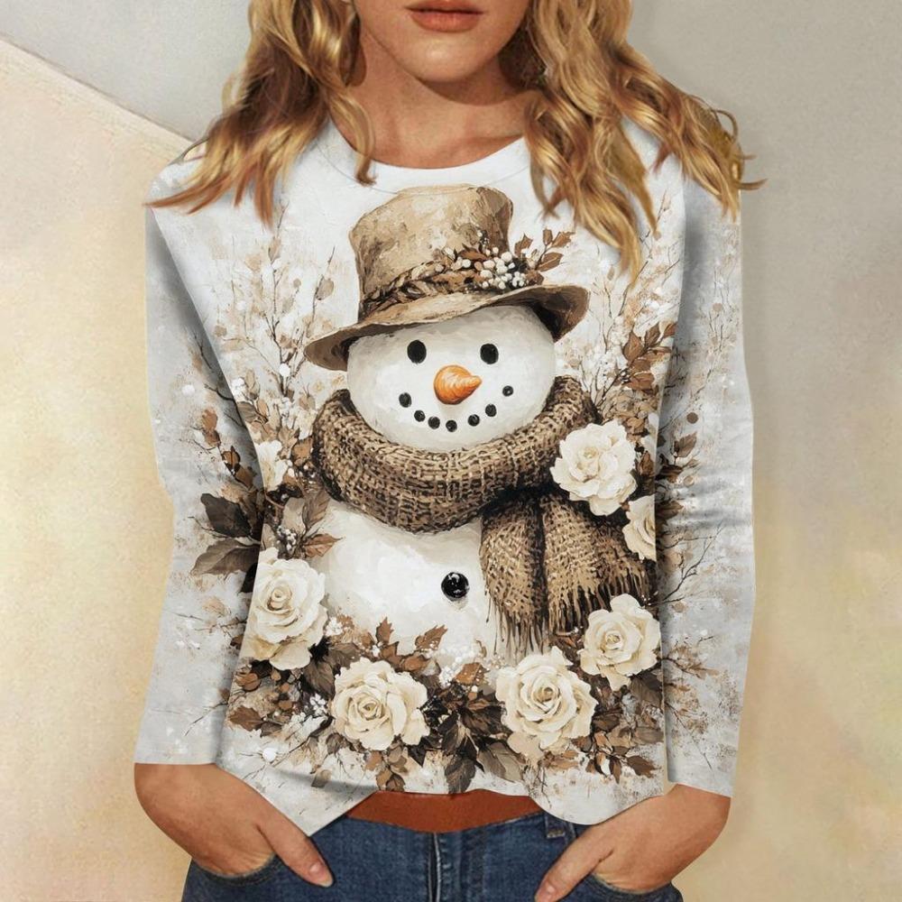 Christmas Women Sweatshirt Designer Round Neck Long Sleeve Loose Casual Christmas Snowman Fun Pattern Print Top
