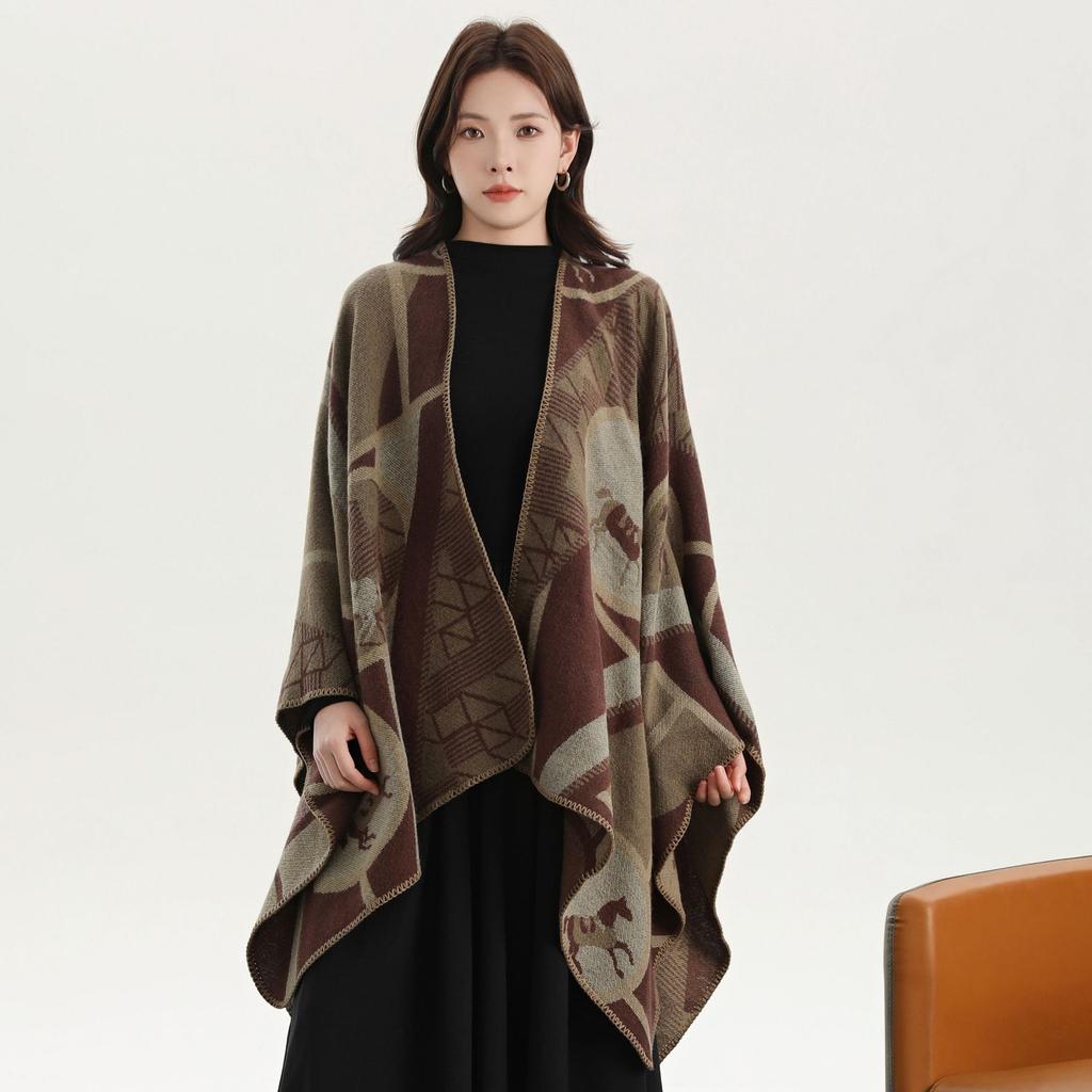 Shawl Imitation Cashmere Knitted Scarf Split Fork Oil Painting Cape Cloak Outside