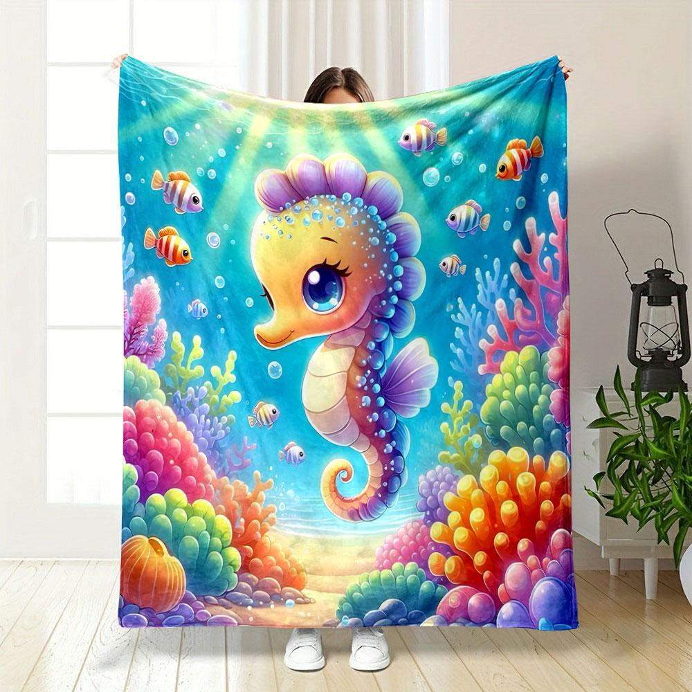 Cute Seahorse and Colorful Coral Reef Scene print blanket soft and cozy perfect for the living room bed sofa or a nap,gift