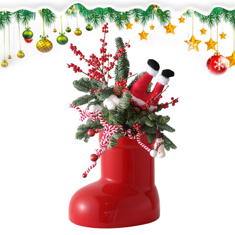 Red Ceramic Boot Vase Christmas Boot Vase Christmas Floral Decoration for Home Holiday Party Tabletop Decoration