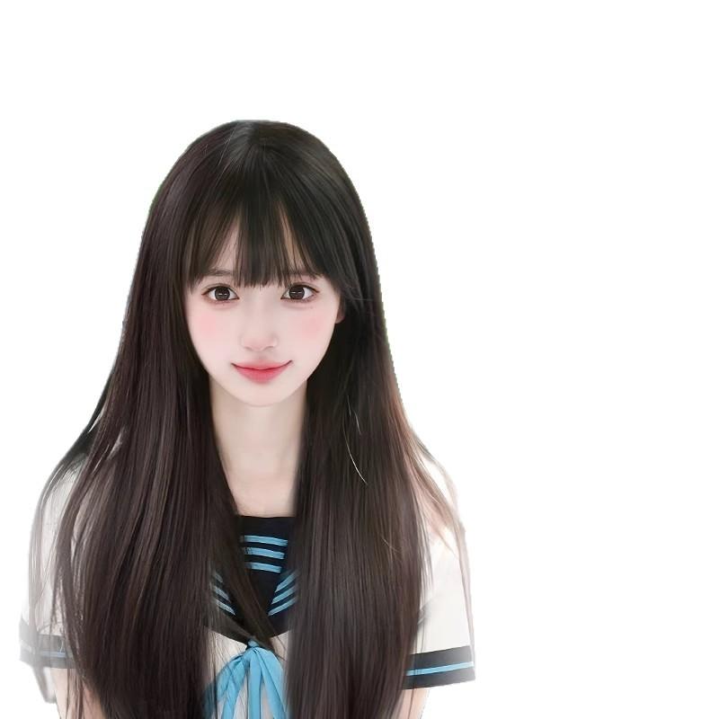 Fashion Qi bangs wig women's full head cover Zhang Yuanying same medium black long straight simulation daily whole wig cover