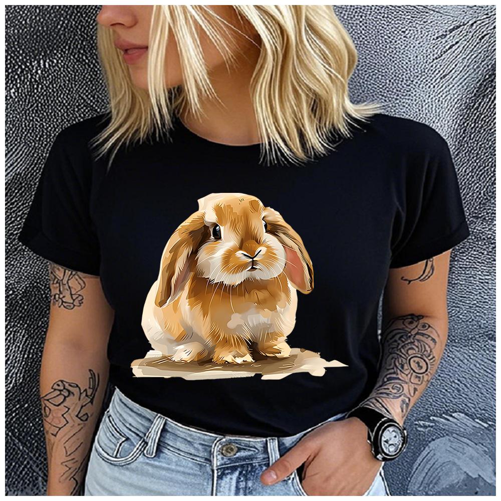 Women's Polyester 100% Cute Rabbit Print T-shirt Loose round Neck Casual Short Sleeve Fashion Top Wholesale Clothing Summer