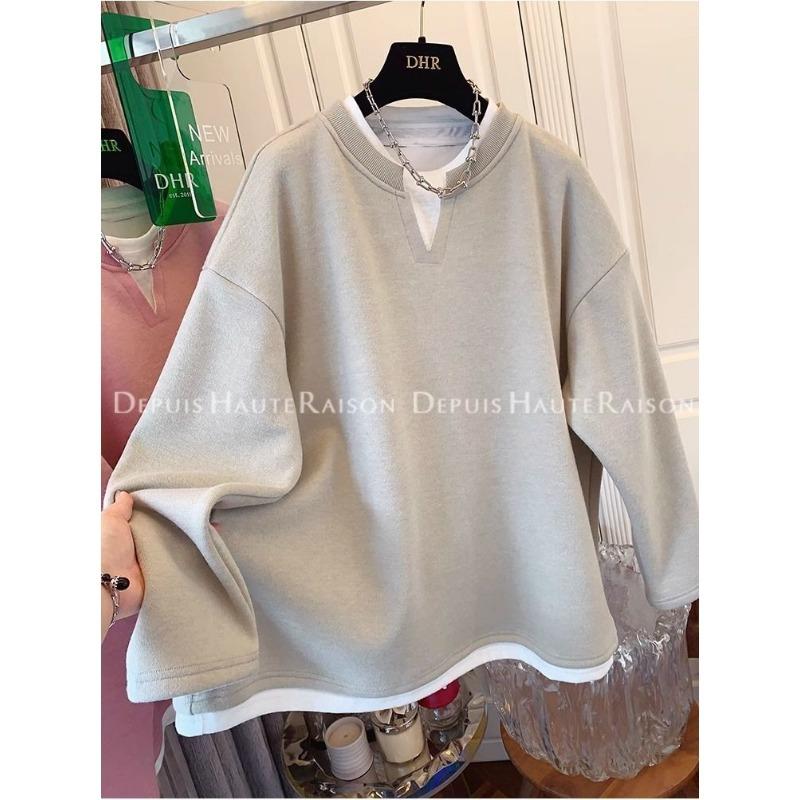 Women's Spliced Solid Color Round Neck Pullover Long-sleeved Fake Two-piece Sports Sweatshirt Bottoming Shirt Loose Top
