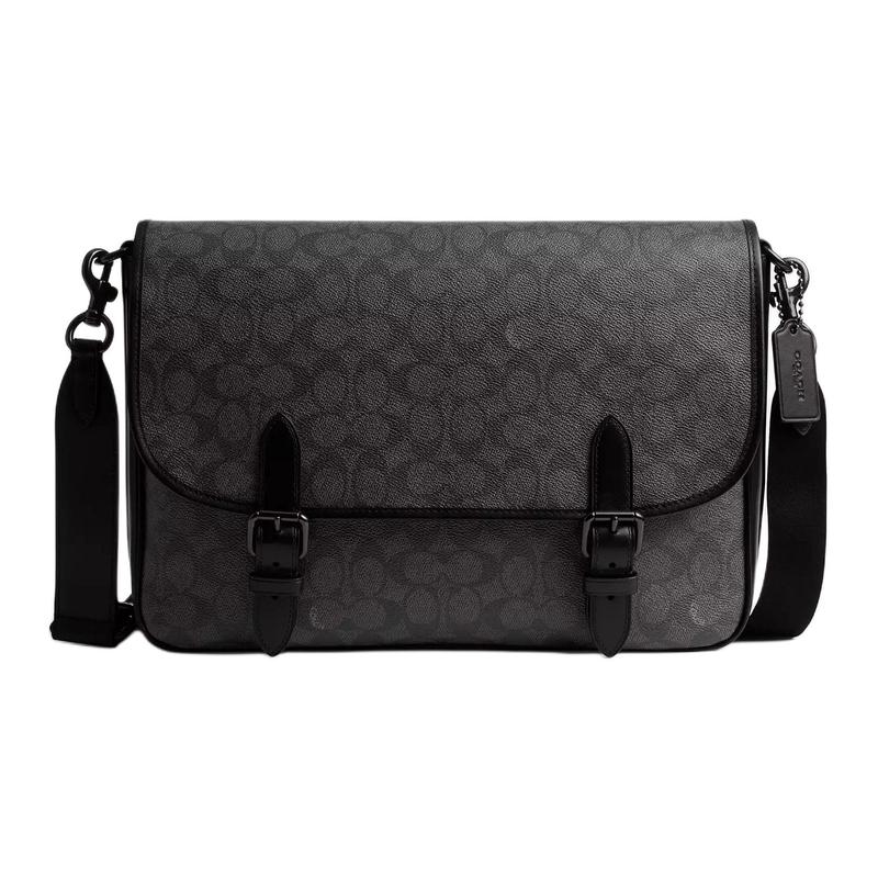 COACH Hitch 32 classic old flower all over print coated canvas and calfskin messenger bag shoulder bag large size men's charcoal color