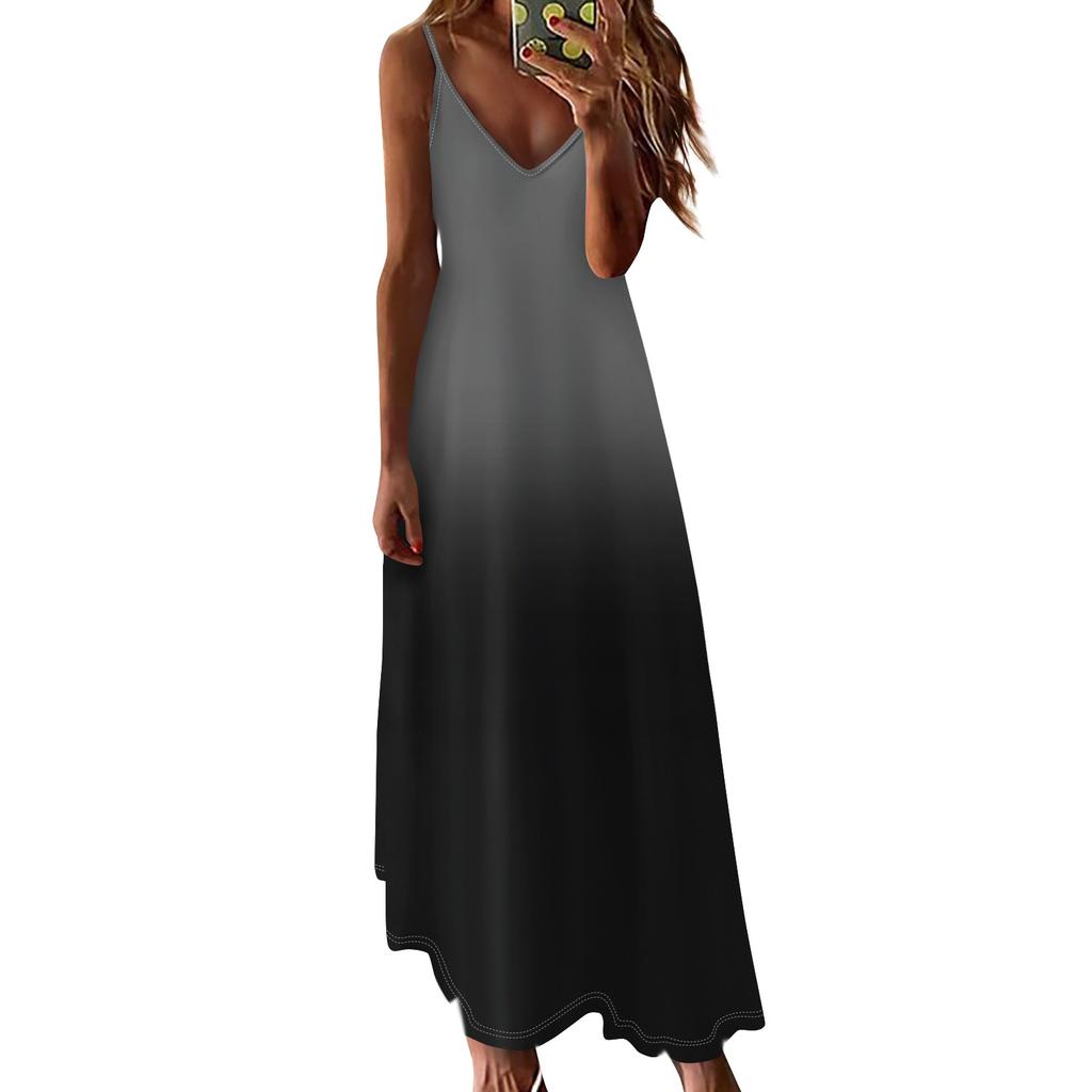 Women's Summer Casual Fashion V-Neck Gradient Printed Big Swing Long Sleeveless Dress Casual Dresses