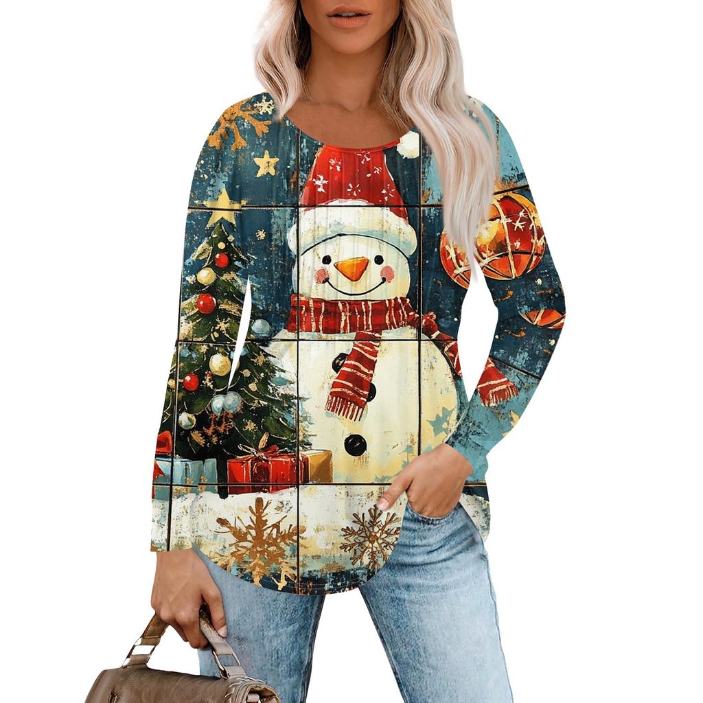 Женская повседневная футболка с круглым вырезом и длинными рукавами с рождественским принтом и складками