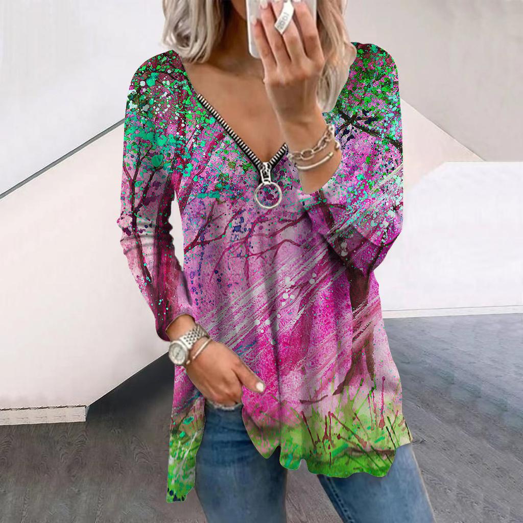 Женские футболки с длинным рукавом и принтом «Осенний красочный лес», свободные футболки больших размеров с V-образным вырезом, удобные блузки