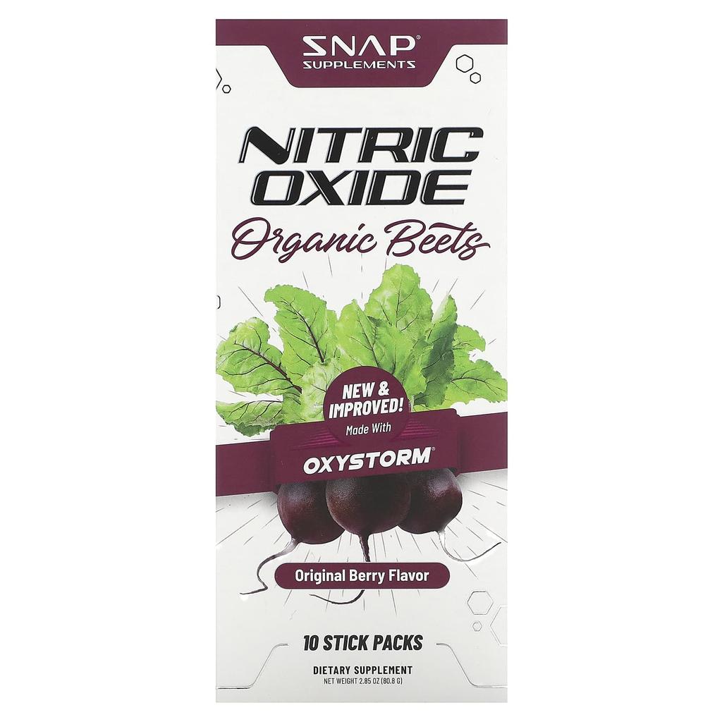 Snap Supplements Nitric Oxide, Organic Beet, Original Berry, 10 Stick Packs, 8.2 G (0.29 Oz) Each