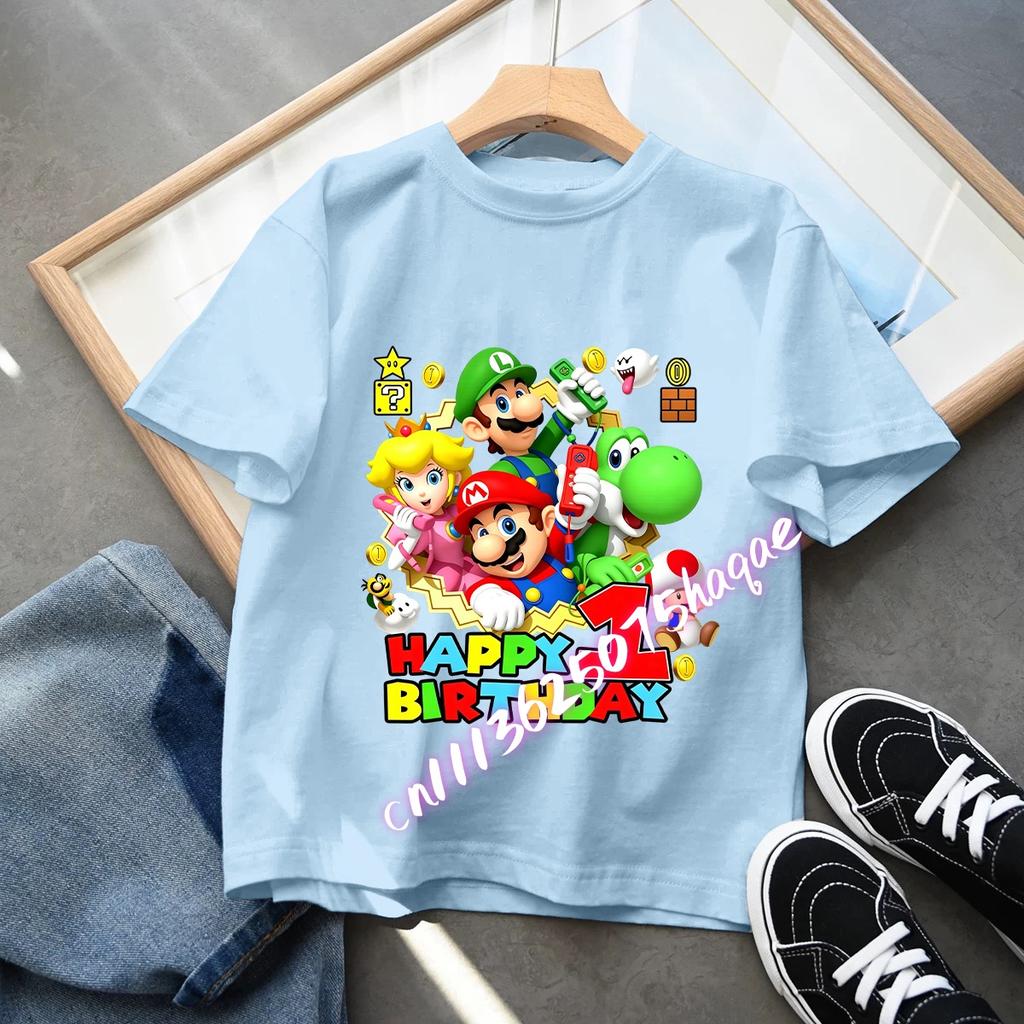 Super Marios Children Birthday Number TShirt Clothes Party Cartoon Figure Print Boys BabyTShirt blue Short Sleeve Tops Tee Gift