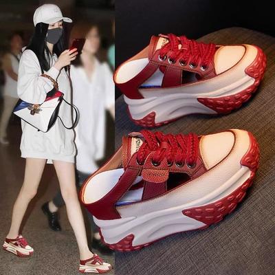 Баотоу полутапочки с вырезанной пяткой без задника ленивые туфли внутренняя высота увеличивающая рост крутые тапочки внешняя толстая подошва мягкая кожа дышащая женская обувь а