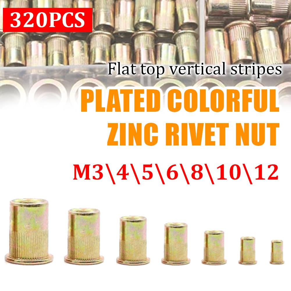 320PCS Zinc-Plated Rivet Nut Assortment M3-M12  Flat Head Vertical KnurledThreaded Rivet Insert Nutsert Cap Rivet Nu Sett