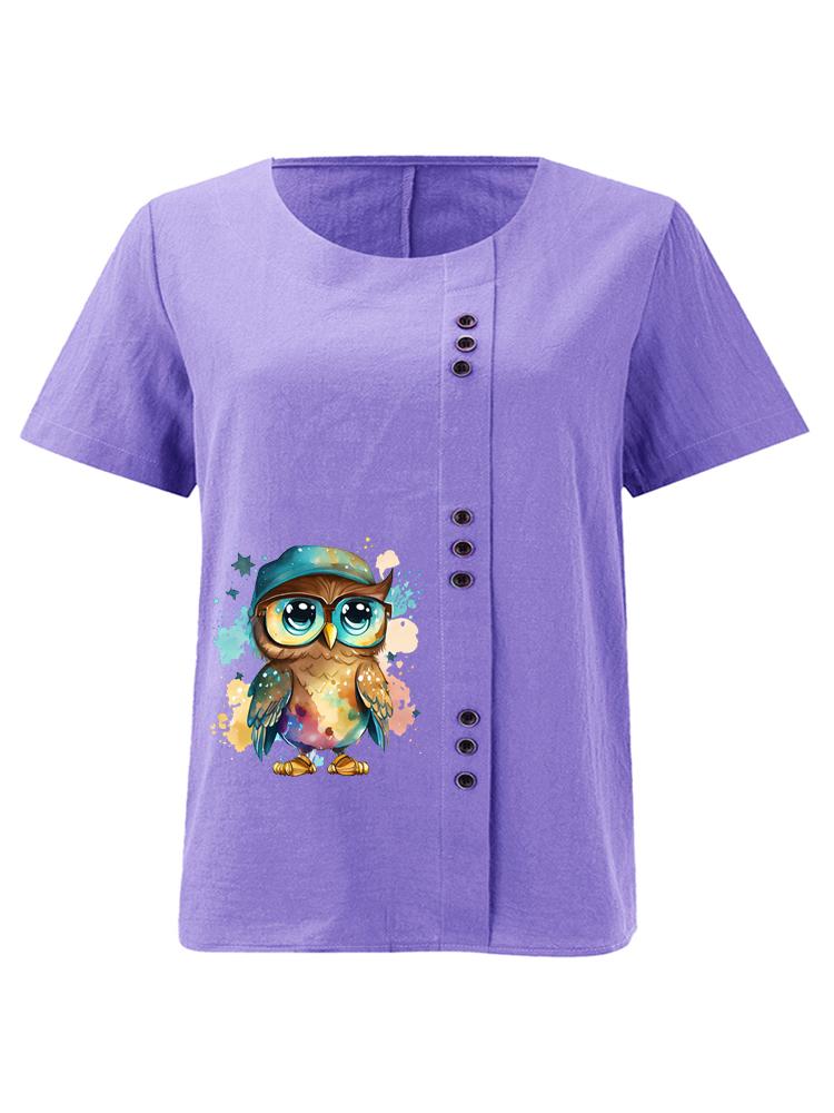 Women's Fashion Cool Owl Print Round Neck Short Sleeve T-shirt Summer Casual Cotton Linen Graphic Shirt Leisure Loose Blouse Tops