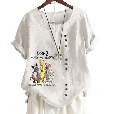 Женская повседневная футболка из хлопка и льна с милым принтом, круглым вырезом и короткими рукавами, украшение на пуговицы, S-5XL