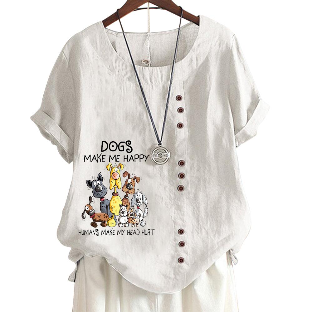 Женская хлопково-льняная повседневная футболка с милым животным принтом, круглым вырезом и короткими рукавами, украшение на пуговицах, S-5XL