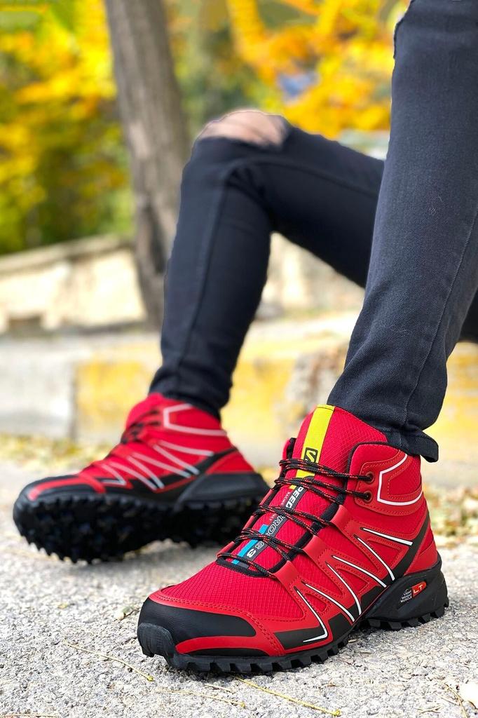 Men's Fashion Textile Thin Heeled Booties Red Outdoor Trekking Boots Shoes