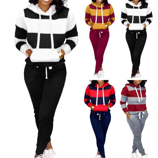 2 Pcs/Set Women Hoodie Pants Set Elastic Waist Striped Color Matching Hooded Long Sleeves Warm Drawstring Plus
