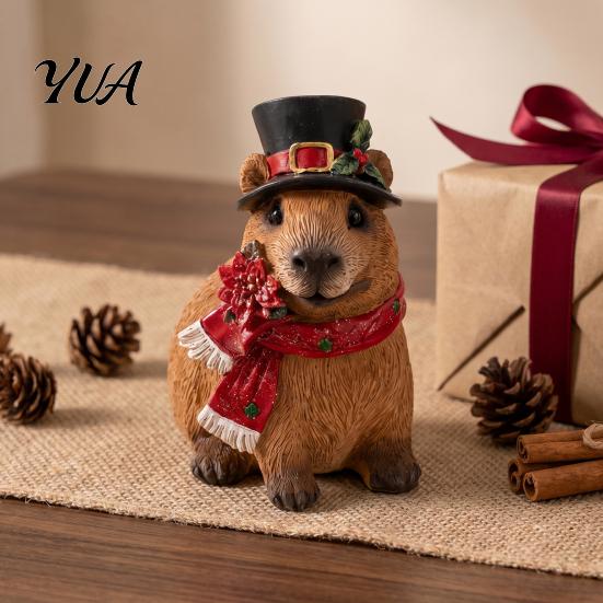 Small Garden Statues for Balcony Christmas Capybara Resin Figurine, Statue with Santa Hat Scarf Wreath, Cozy Interior Decor Pieces Cute Tabletop