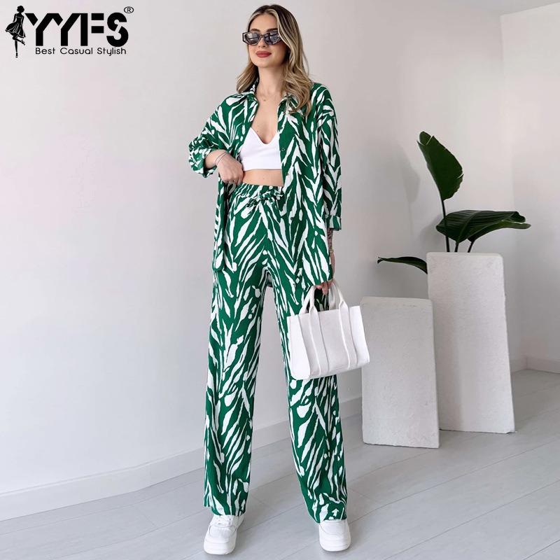 YYFS Женская мода повседневная весна осень длинный рукав поло воротник блузки и рубашки брюки костюмы