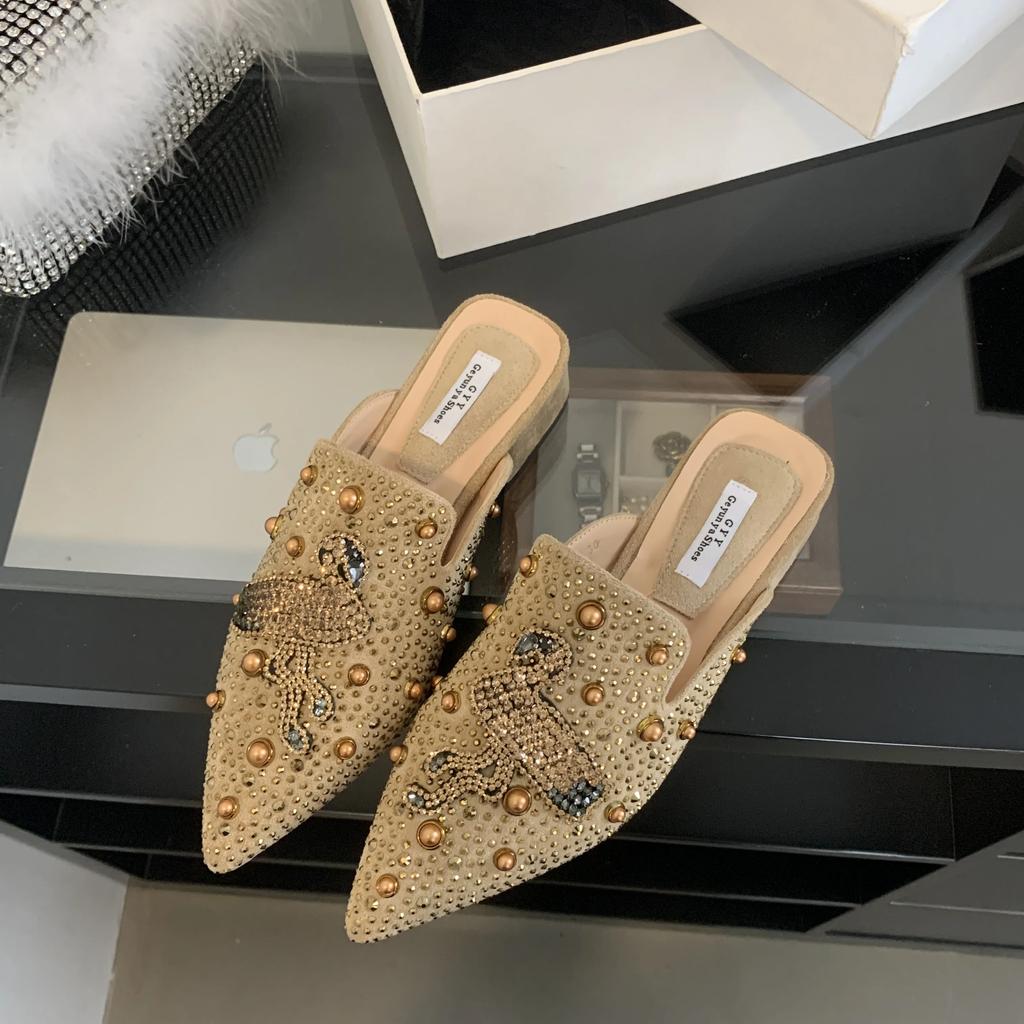 Осенние модные женские тапочки на среднем каблуке с острым носком, замшевые, со стразами, заклепками, тапочки на толстом каблуке, верхняя обувь