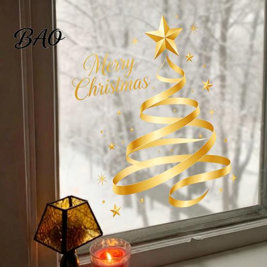 Glass Door Christmas Ornaments Gold Ribbon Tree Static Cling Window Decal, Merry Starlight Theme Decals Sticker with Stars, Reusable Holiday Decor for