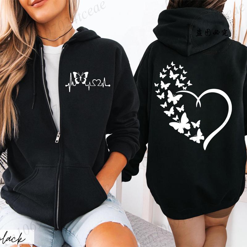 Новая Мода Толстовка с Капюшоном на Молнии Одежда Модные Толстовки с Принтом Бабочки и Сердца Повседневная Мода Куртки на Молнии Пальто Топы