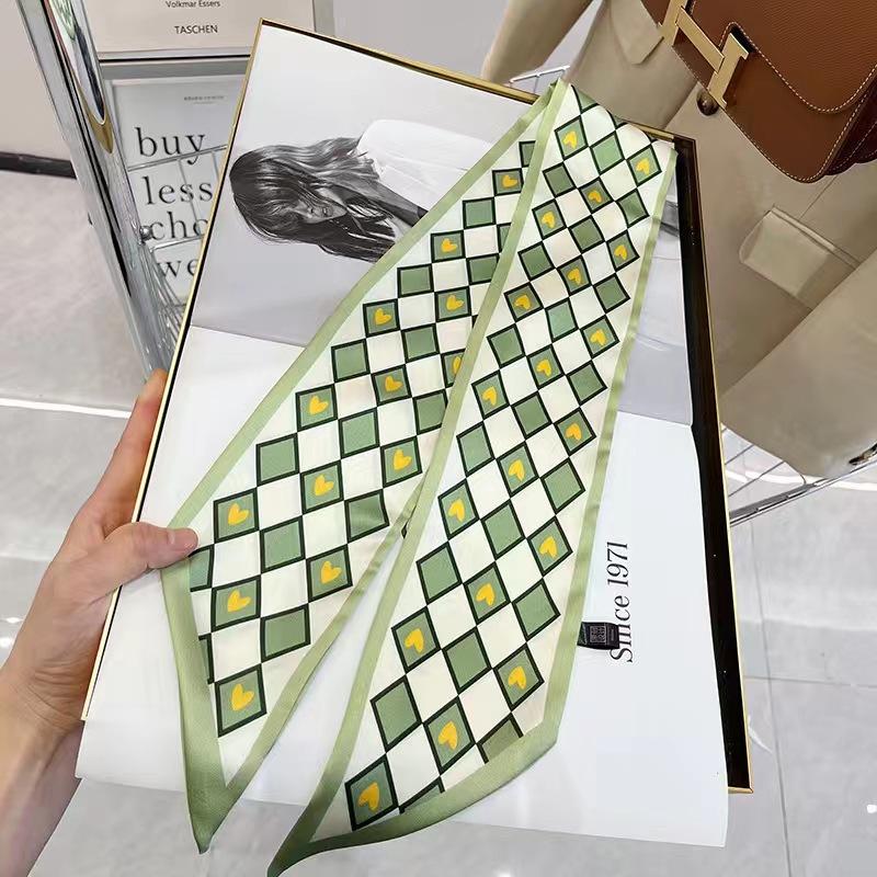 Маленький белый и нежно-зеленый шелковый шарф для женщин, тонкая лента, повязка на голову, резинка для волос, украшение для сумки, длинный