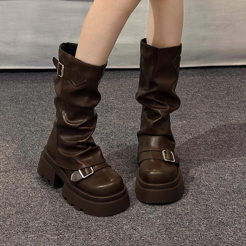 Мода 2024 года, горячая распродажа, новые женские ботинки до середины голени с круглым носком и толстым каблуком, однотонные износостойкие ботинки для женщин, Botines Mujer