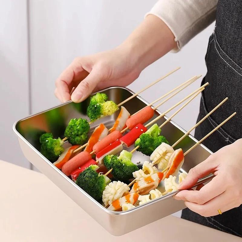 Прямоугольные лотки для хранения продуктов, контейнер для сохранения с пластиковой крышкой, многофункциональный, из нержавеющей стали, защита от ржавчины, для хранения продуктов для барбекю