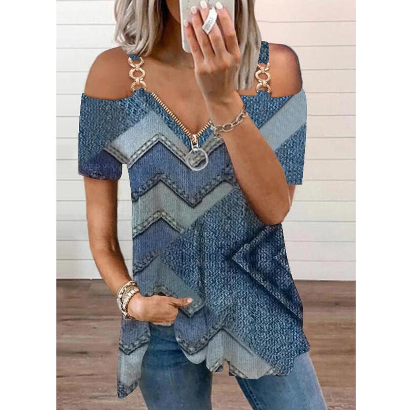 S-5XL женский топ с v-образным вырезом, полые футболки с принтом, повседневная футболка на молнии с короткими рукавами, летняя футболка