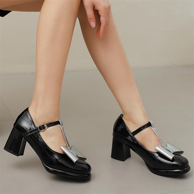 Meotina Женские туфли Мэри Джейн на высоком толстом каблуке с круглым носком и завязывающимся бантом, модная женская обувь весна-осень, розовые, черные, 46