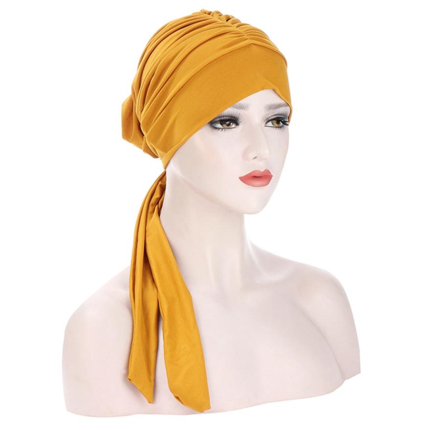 Stretch Fashion Muslim Headwrap Crystal Hemp Long Tail Bow Turban Hat Chemo Cap