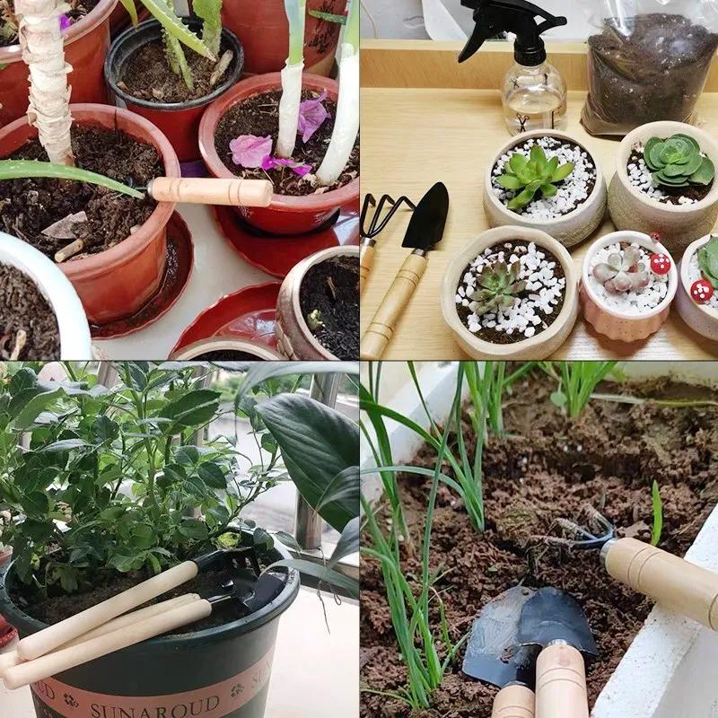 3Pcs/Set Mini Gardening Tools Set | Portable Shovel & Rake Kit with Wooden Handles for Indoor Planting, Soil Loosening